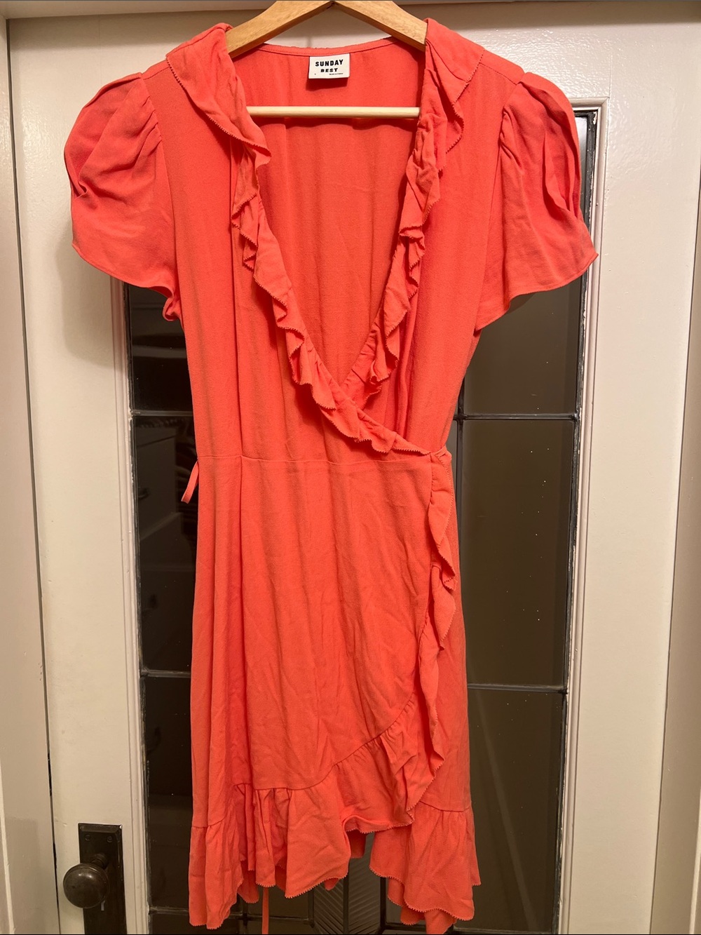 Sunday Best Coral Ruffle Wrap Dress with Puff Sleeves - Picture 2 of 3